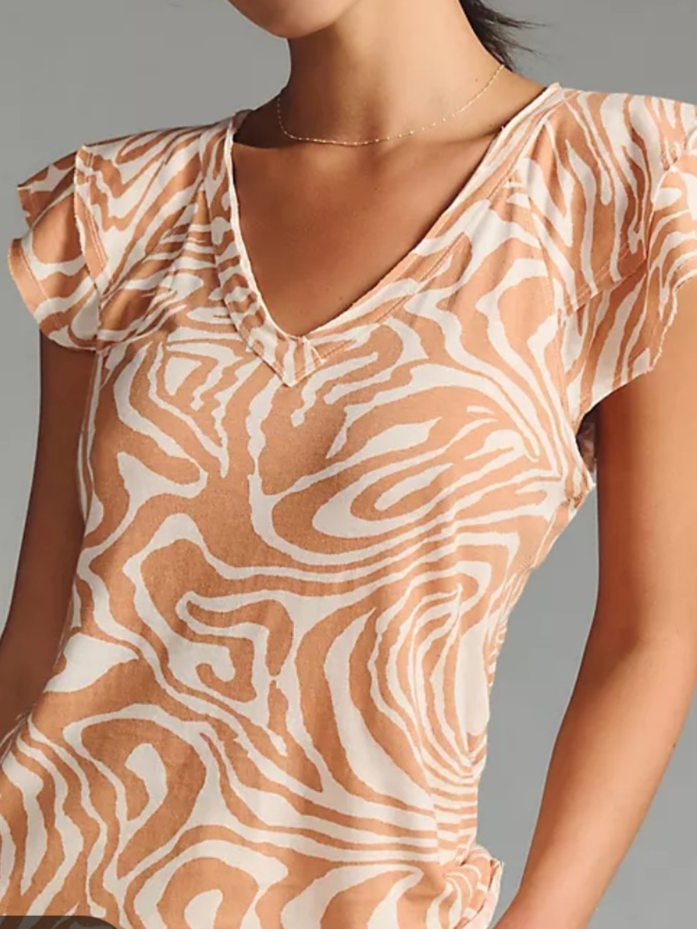 Anthropologie Maeve Cream and Tan Zebra-Print V-Neck cap sleeve tee xl